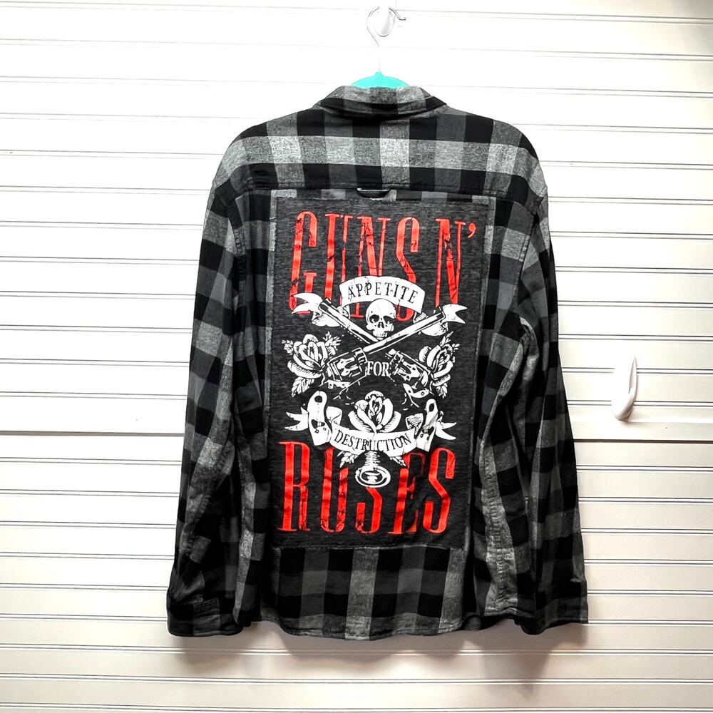 Black & Gray Plaid Button-Down Flannel Shirt Size XL Guns N Roses Upcylced